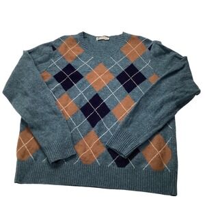 J.Crew Mens XL Blue Argyle 100% Lambswool V-Neck Sweater Preppy Academic Classic